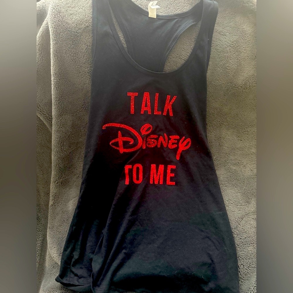 “Talk Disney to me” black racer back tank with red glittery font